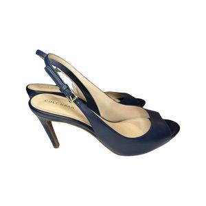 Size 7 1/2, COLE HAAN Soft Leather Navy Peep-Toe Slingback Heel